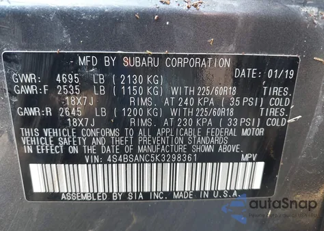 2019 Subaru Outback 2.5I Limited z USA, uszkodzony, nr VIN 4S4BSANC5K3298361